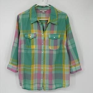 Croft & Barrow Shirt Womens Large Madras Multicolor Plaid Button Front Roll Tab